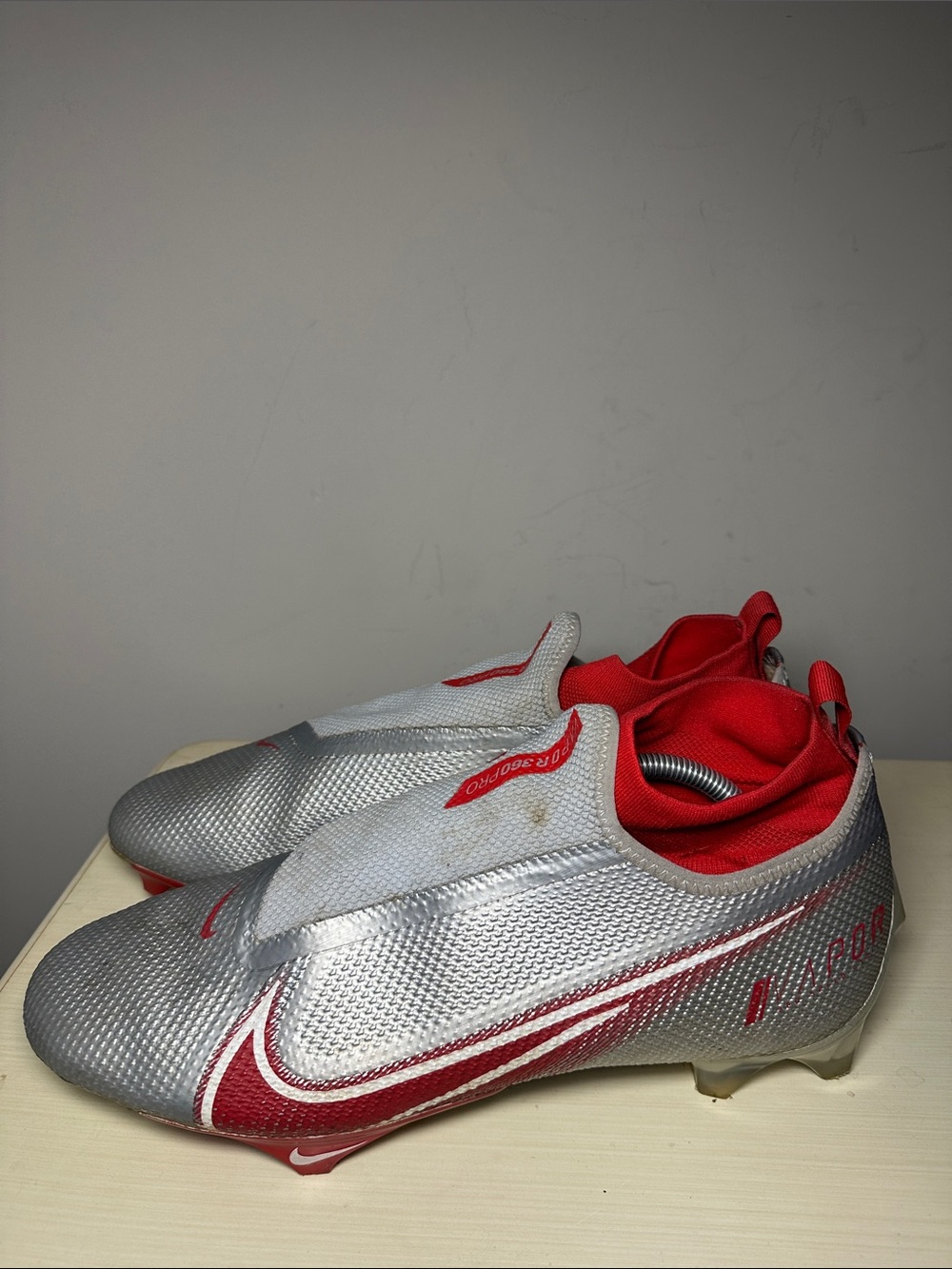 Nike Vapor Edge Elite 360 flyknit Red and Silver Ghost Lace football cleats